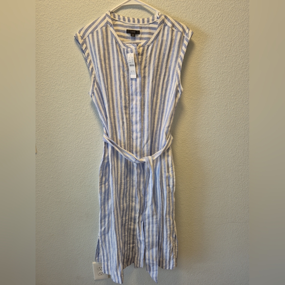 J Crew Blue White Vertical Striped Long Maxi Dress Linen Button Front Size XS